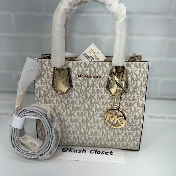 Michael Kors Mercer Medium Signature Logo Metallic Crossbody Bag  Pale Gold - Picture 6 of 11